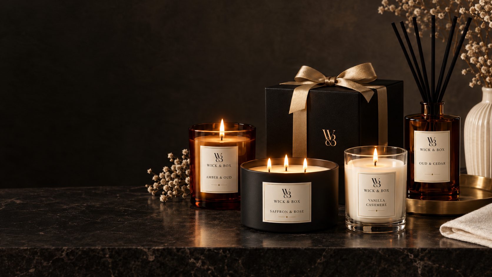 Wick & Box candles, diffuser and gift box